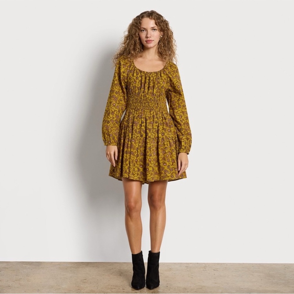 Sam Edelman Lora Floral Golden Sprig Olive Oil Smocked Bustier Mini Dress Sz XL‎
